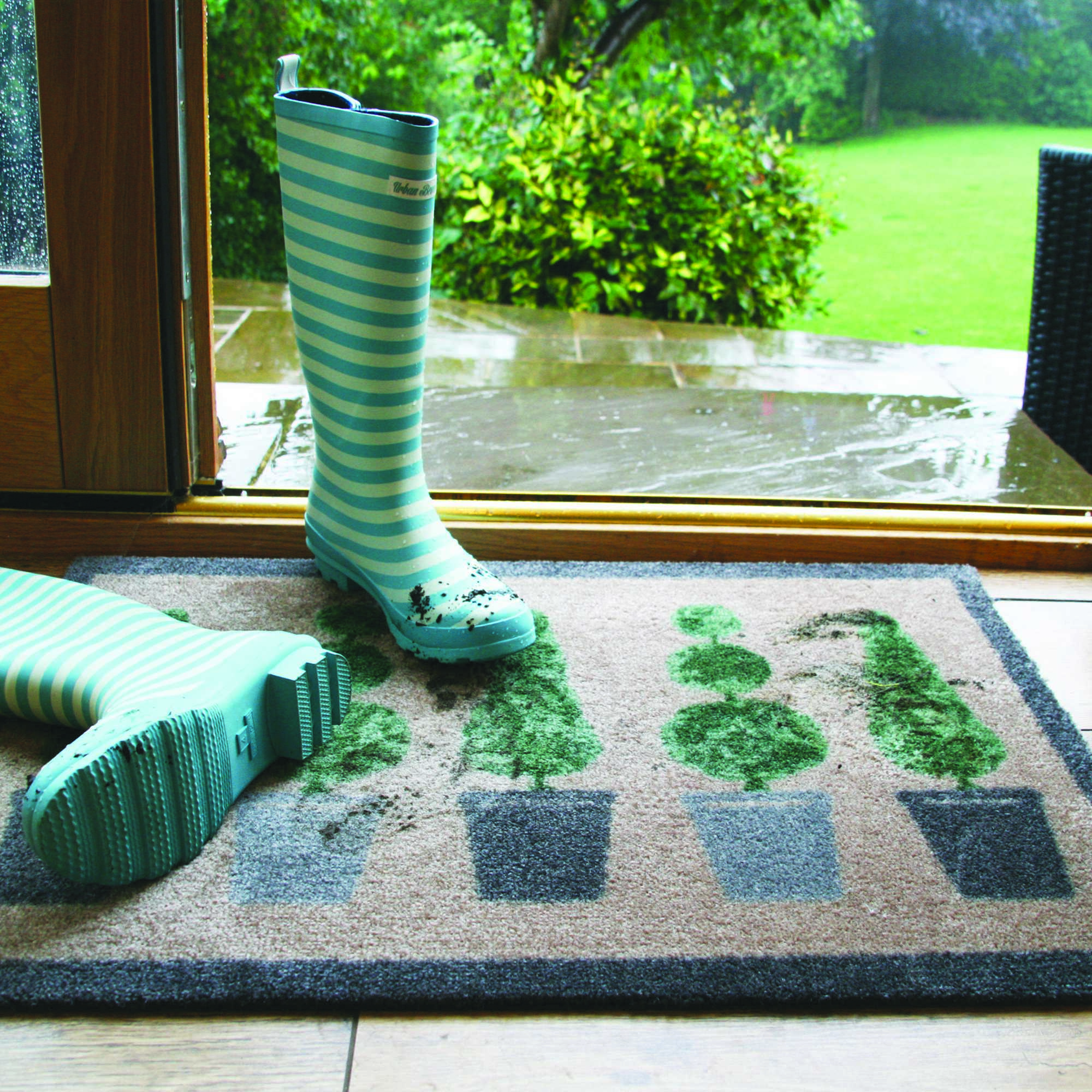 Topiary Washable Anti Slip Doormat In Grey